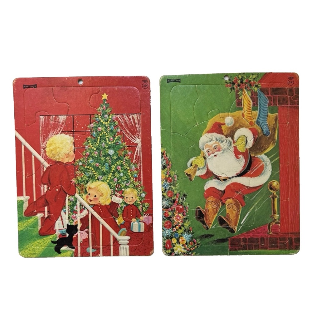 Mid Century Saalfield Frame Tray Puzzle Lot 2 Christmas Santa Tree Kids 1950s